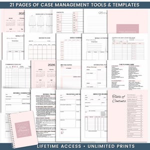 May include: A set of 21 pages of case management tools and templates, including calendars, planners, and logs. A spiral-bound planner is visible in the lower left corner. The text includes "2026 Care Planner" and "Lifetime Access &bull; Unlimited Prints."