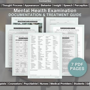 Peut inclure: Ensemble de sept pages PDF pour la documentation et le guide de traitement d'un examen de santé mentale. Les documents comprennent des invites d'évaluation, une documentation d'échantillon et des guides d'intervention. Le texte comprend "Mental Status Exam".