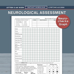 以下が含まれることがあります： バイタルサイン、瞳孔反応、意識レベルのセクションがある、印刷可能な神経学的評価チャート。チャートには瞳孔サイズチャートとイニシャル用のセクションが含まれています。