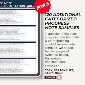 May include: A digital tablet displays a document titled "SS NOTE DOCUMENTATION" with a red "BONUS" sticker. The screen shows a list of text, and the right side has text that reads "120 ADDITIONAL CATEGORIZED PROGRESS NOTE SAMPLES".