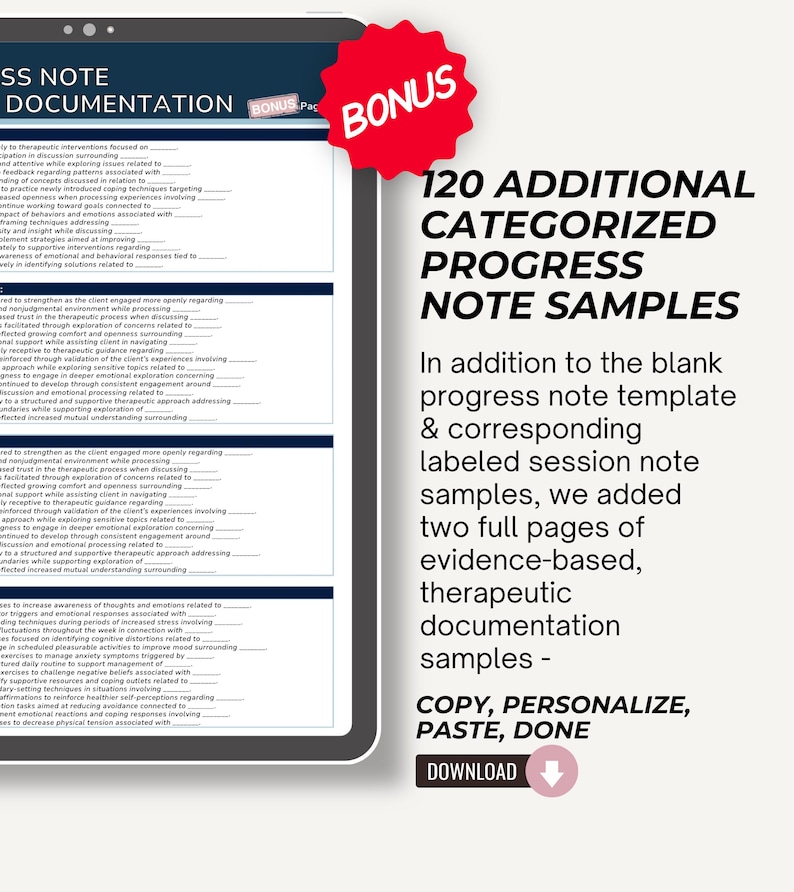 May include: A digital tablet displays a document titled "SS NOTE DOCUMENTATION" with a red "BONUS" sticker. The screen shows a list of text, and the right side has text that reads "120 ADDITIONAL CATEGORIZED PROGRESS NOTE SAMPLES".