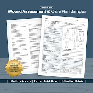 Pode incluir: Duas folhas de papel brancas com texto e diagramas para avaliação de feridas e planos de cuidados. O título é "Wound Assessment & Care Plan Samples". A parte inferior da imagem diz "Lifetime Access | Letter & A4 Sizes | Unlimited Prints".