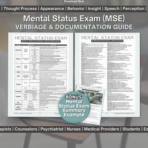 May include: A guide titled "Mental Status Exam (MSE) Verbiage & Documentation Guide" with detailed documentation and terminology. Includes a bonus summary example. The guide is designed for therapists, counselors, psychiatrists, nurses, and medical providers.