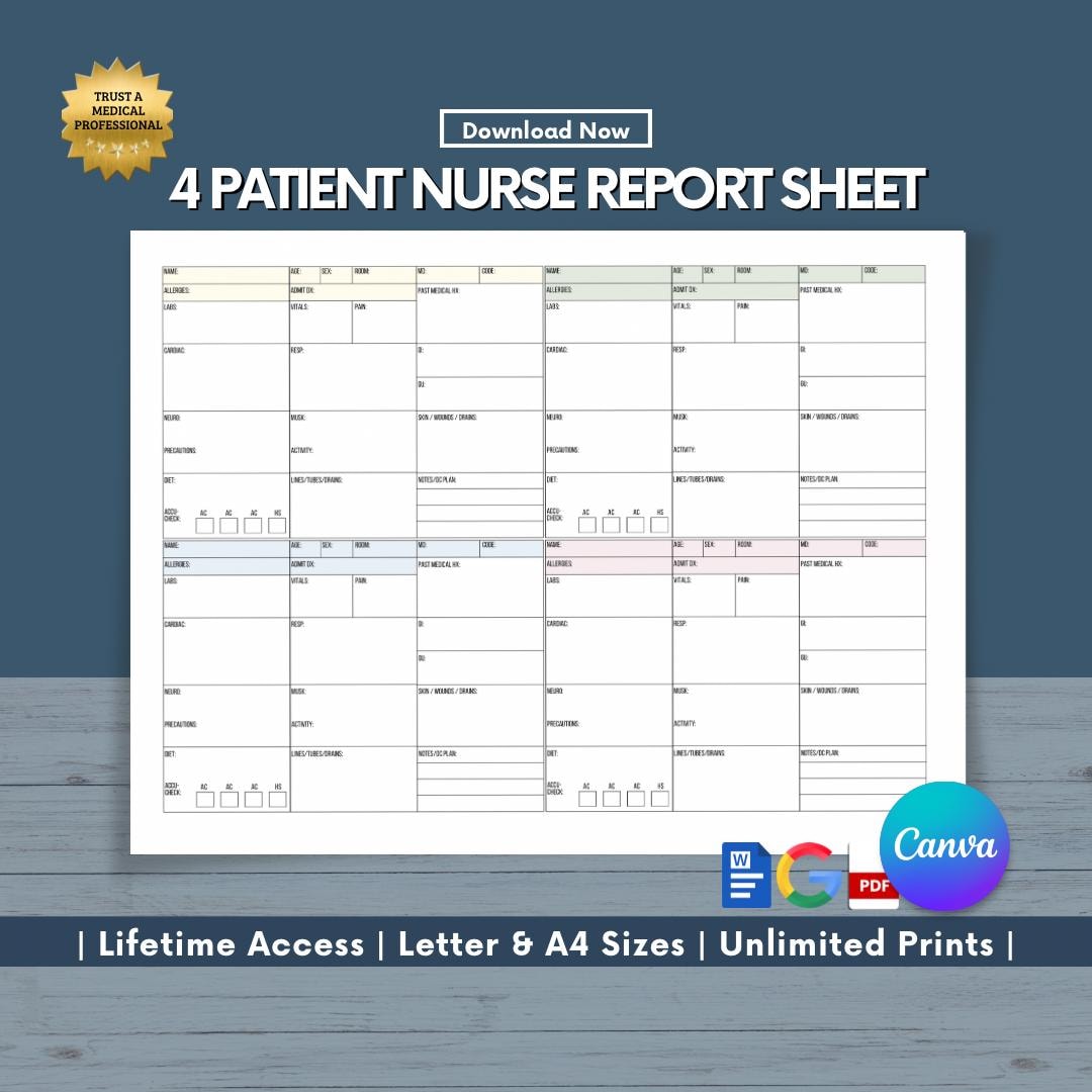 Nurse Task Layout 4-patient Nurse Report Sheet: Medsurg, Float Nursing to Do List, RN ...
