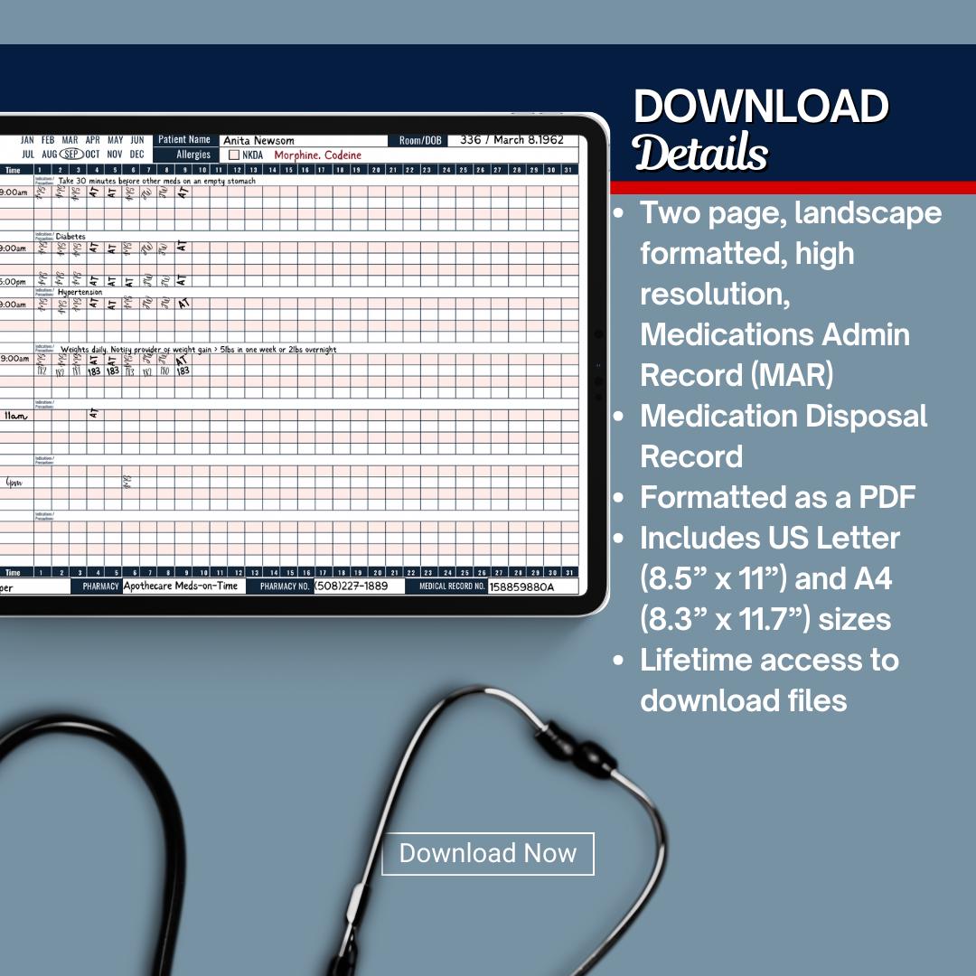 Medication Administration Record MAR Monthly, Medicine Tracker, Blank ...