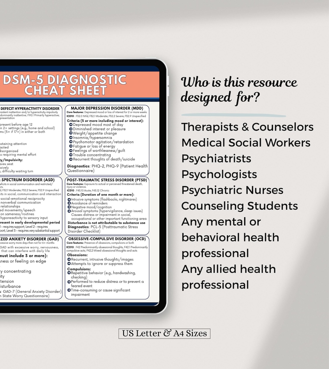 DSM-5 Diagnostic Criteria Aligned Cheat Sheet Printable Therapist Quick ...