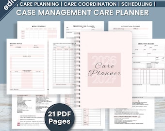 May include: A light pink 2026-2027 Care Planner with a spiral binding, surrounded by various care planning documents. The planner includes sections for scheduling, meeting notes, and medication regimens. The image also includes the text "Instant Download" and "21 PDF Pages."