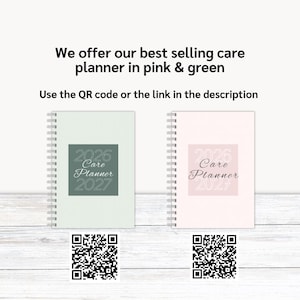 May include: Two spiral-bound care planners, one pale green and one pink, each with a square label displaying "2026 Care Planner 2027." The text "We offer our best selling care planner in pink & green" is above the planners.