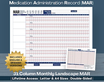 May include: A Medication Administration Record (MAR) template featuring a 31-column monthly landscape grid. The document includes fields for patient name, room, date of birth, and allergies. It is available in English and Spanish versions.