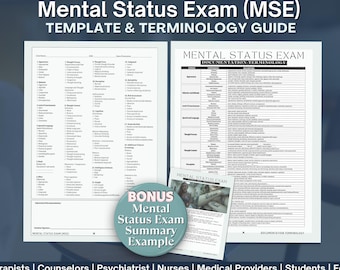 May include: A Mental Status Exam template and terminology guide featuring two white printed documents with black text and a circular teal bonus summary example card. The documents include lists of clinical terms for mental health evaluations.