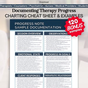 May include: A blue and white document titled "Documenting Therapy Progress" with examples for therapists, counsellors, and nurses. It includes sections on session overview, emotional state, client responses, observations, progress in goals, and therapeutic relationships. A red circle displays "120 BONUS samples."