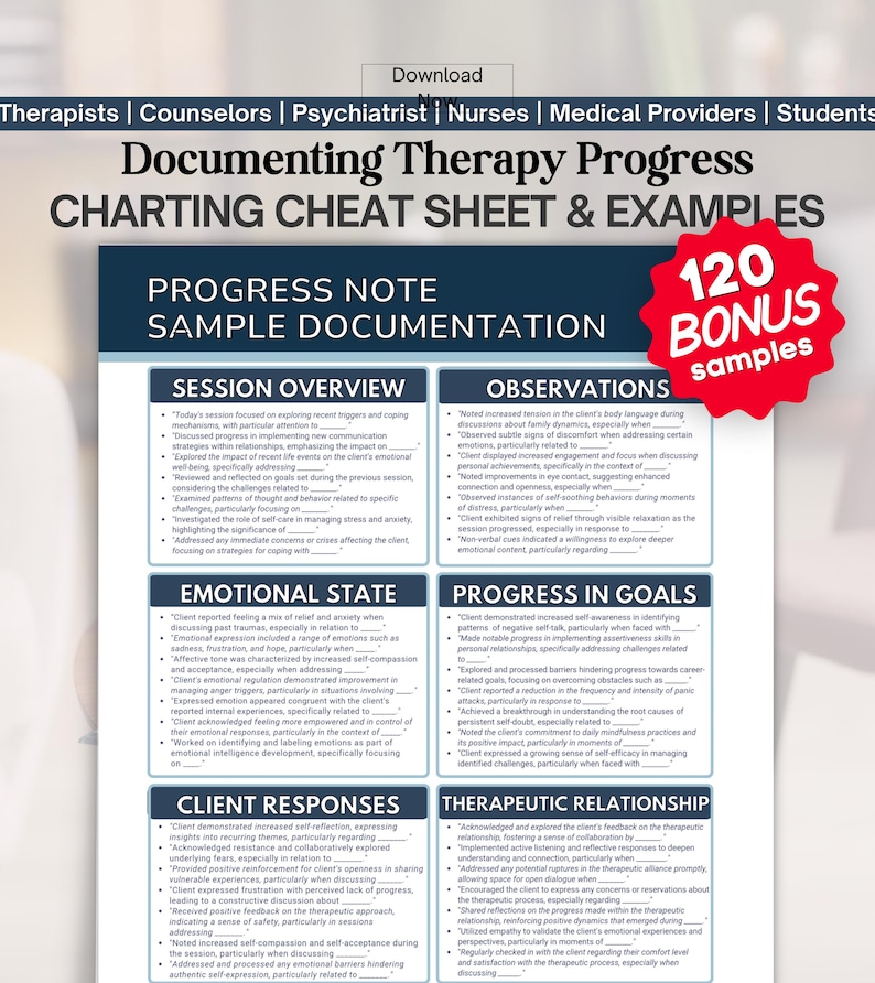 May include: A blue and white document titled "Documenting Therapy Progress" with examples for therapists, counselors, and nurses. It includes sections on session overview, emotional state, client responses, observations, progress in goals, and therapeutic relationships. A red circle displays "120 BONUS samples."