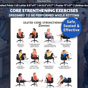 Chair Exercises for Core Strengthening Printable | 16 Seated Abdominal Muscle Building | Senior Fitness Workout Poster | PDF Download
