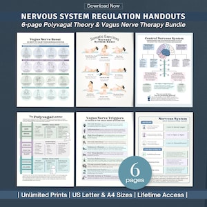 May include: A six-page digital handout bundle titled Nervous System Regulation Handouts, featuring charts on Vagus Nerve Reset, Somatic Exercises, Central Nervous System, The Polyvagal Ladder, Vagus Nerve Triggers, and a Self-Regulation Chart.