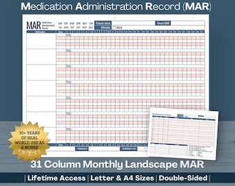 Registro de administración de medicamentos (MAR), rastreador de medicamentos imprimible para uso doméstico, en centros de salud, personal y profesional (descarga en PDF)