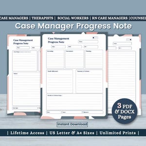 Case Manager Progress Note: 3 Page Fillable Nurse/RN/Social Worker Form (PDF, DOCX)