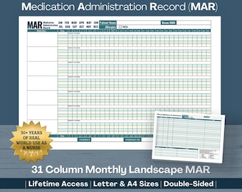 Medication Administration Record (MAR), Monthly Medication Tracker, Medication Log, Medicine List for Nurses