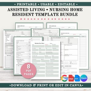 May include: A collection of printable and editable resident templates for assisted living and nursing homes. The templates include health assessments, medication logs, and vital sign logs. The bundle includes 8 PDF pages and can be downloaded, printed, or edited in Canva.