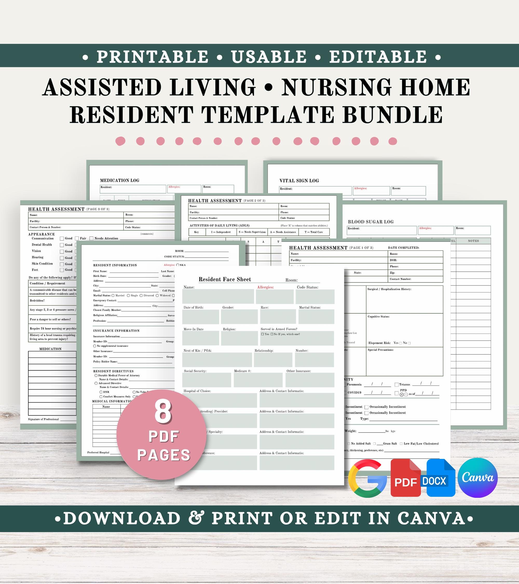 Editable Nursing Home Assessment Forms: Resident Care Templates (Digital Download)
