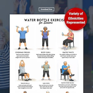 Può includere: Un poster intitolato "Esercizi con bottiglie d'acqua per anziani" mostra illustrazioni di esercizi. Gli esercizi includono presse sopra la testa, bicipiti, torsioni da seduti, rotazioni dei tricipiti, passi laterali e sollevamenti del ginocchio da seduti. Il poster ha il testo "Varietà di etnie rappresentate".