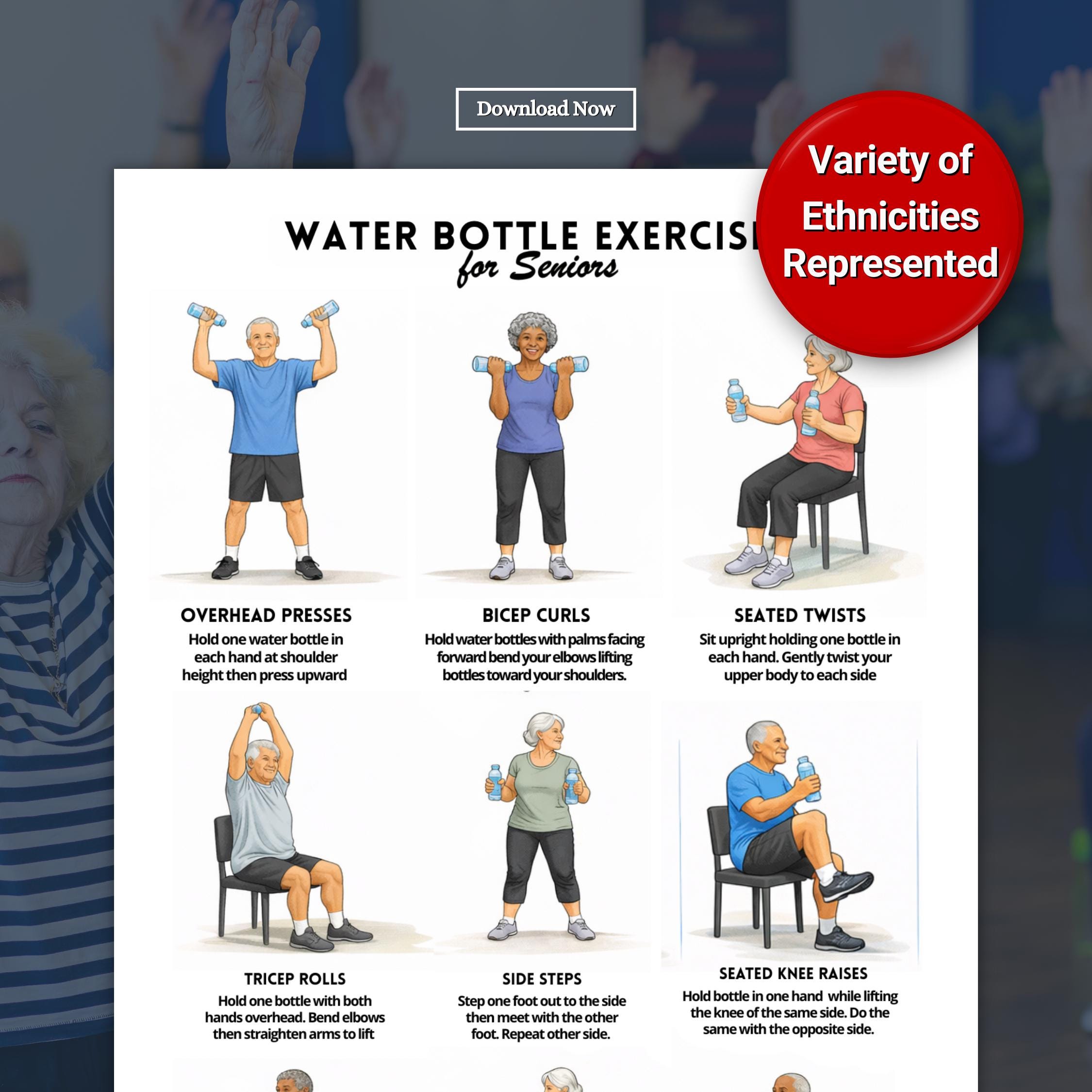 Water Container Exercise Water Bottle Exercises for Seniors Poster | Easy Chair & Standing ...