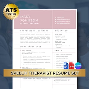 Può includere: Un set di modelli di curriculum vitae rosa e bianco per un logopedista. Il curriculum include sezioni per il riepilogo professionale, l'esperienza lavorativa, l'istruzione e le competenze. Il design presenta un badge oro ATS e icone Canva, PDF e Word.