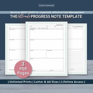 May include: Three-page PDF progress note template with a white background and a light blue border. The template includes sections for goals, assessment, and planning. Text on the image reads "Instant Download" and "The Ultimate Progress Note Template."