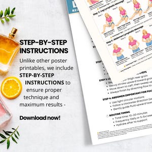 May include: A printable instructional poster featuring step-by-step diagrams for lymphatic massage techniques. The document includes text headers, illustrated figures showing massage motions on the legs and abdomen, and routine timing guidelines.
