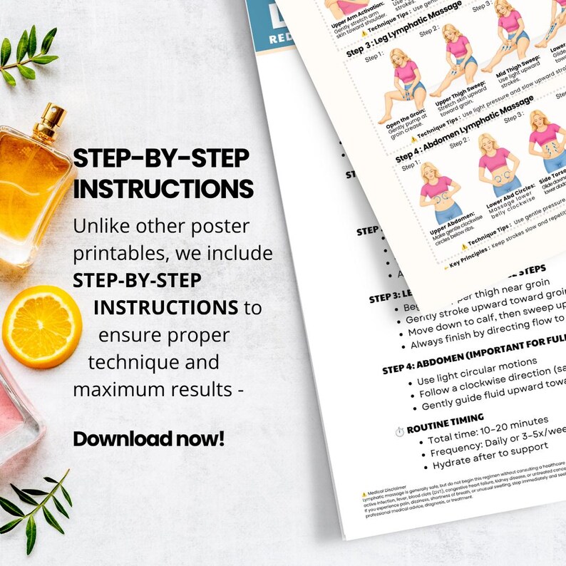 May include: A printable instructional poster featuring step-by-step diagrams for lymphatic massage techniques. The document includes text headers, illustrated figures showing massage motions on the legs and abdomen, and routine timing guidelines.