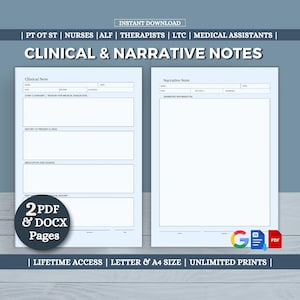 Op de afbeelding: Een digitale download met twee afdrukbare pagina's: een klinische notitie en een narratieve notitie. De pagina's zijn lichtblauw met witte tekstvakken om patiëntinformatie in te vullen. De tekst bevat "Klinische en narratieve notities" en "Direct downloaden."