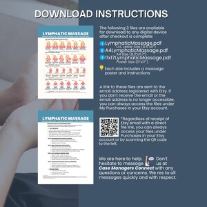May include: A digital download guide titled Lymphatic Massage featuring step-by-step illustrations and instructions. The document includes three file sizes: U.S. Letter 8.5x11 inches, A4 8.3x11.7 inches, and a 11x17 inch poster, accessible via a QR code.