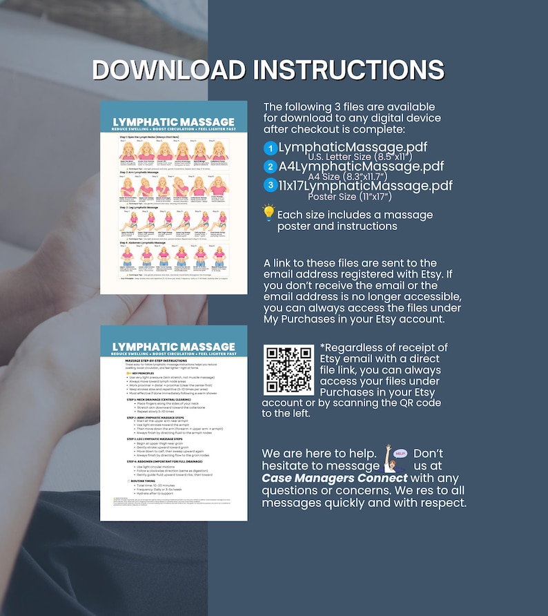 May include: A digital download guide titled Lymphatic Massage featuring step-by-step illustrations and instructions. The document includes three file sizes: U.S. Letter 8.5x11 inches, A4 8.3x11.7 inches, and a 11x17 inch poster, accessible via a QR code.