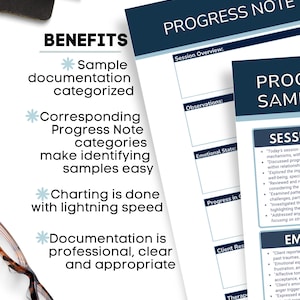 Op de afbeelding: Een wit papier met de woorden "PROGRESS NOTE" in donkerblauw. Het papier heeft secties voor observaties, emotionele toestand en reacties van de cli&euml;nt. Het woord "BENEFITS" staat linksboven, met opsommingstekens die de documentatie beschrijven.