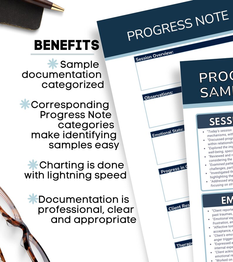 Op de afbeelding: Een wit papier met de woorden "PROGRESS NOTE" in donkerblauw. Het papier heeft secties voor observaties, emotionele toestand en reacties van de cli&euml;nt. Het woord "BENEFITS" staat linksboven, met opsommingstekens die de documentatie beschrijven.