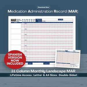 Medicine Administration Record MAR, Printable Medicine Tracker for Home, Facility, Personal & Professional Use (PDF Download)