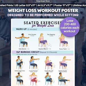 May include: A weight loss workout poster designed for seated exercises. The poster includes warm-up, fat-burning circuit, and cool-down exercises. It features illustrations of exercises like arm circles, toe tapping, and seated squats. The poster text says, "Lose 200-400 calories each workout."
