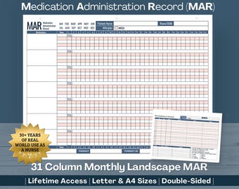 Medicine Administration Record MAR, Printable Medicine Tracker for Home, Facility, Personal & Professional Use (PDF Download)