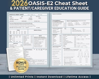 Peut inclure: Un guide d'éducation 2026 OASIS-E2 pour patients et soignants composé de deux pages bleu clair avec des formulaires médicaux, des cases à cocher et un schéma corporel. Inclut un document blanc et un badge doré BONUS Care Planning Guide.