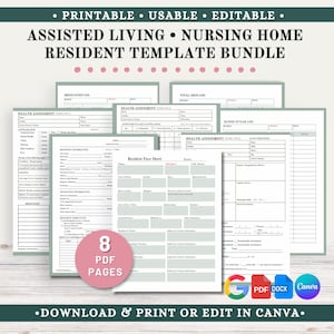May include: A bundle of printable and editable resident templates for assisted living and nursing homes. The templates include health assessments, medication logs, and vital sign logs. The bundle includes 8 PDF pages and can be downloaded, printed, or edited in Canva.