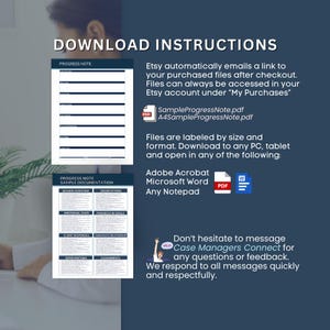 Op de afbeelding: Een digitale download instructievel met de tekst "DOWNLOAD INSTRUCTIONS". Het bevat voorbeelden van voortgangsnotities en documentatie, met bestandsformaten voor Adobe Acrobat, Microsoft Word en Notepad. Neem contact op met Case Managers Connect voor vragen.
