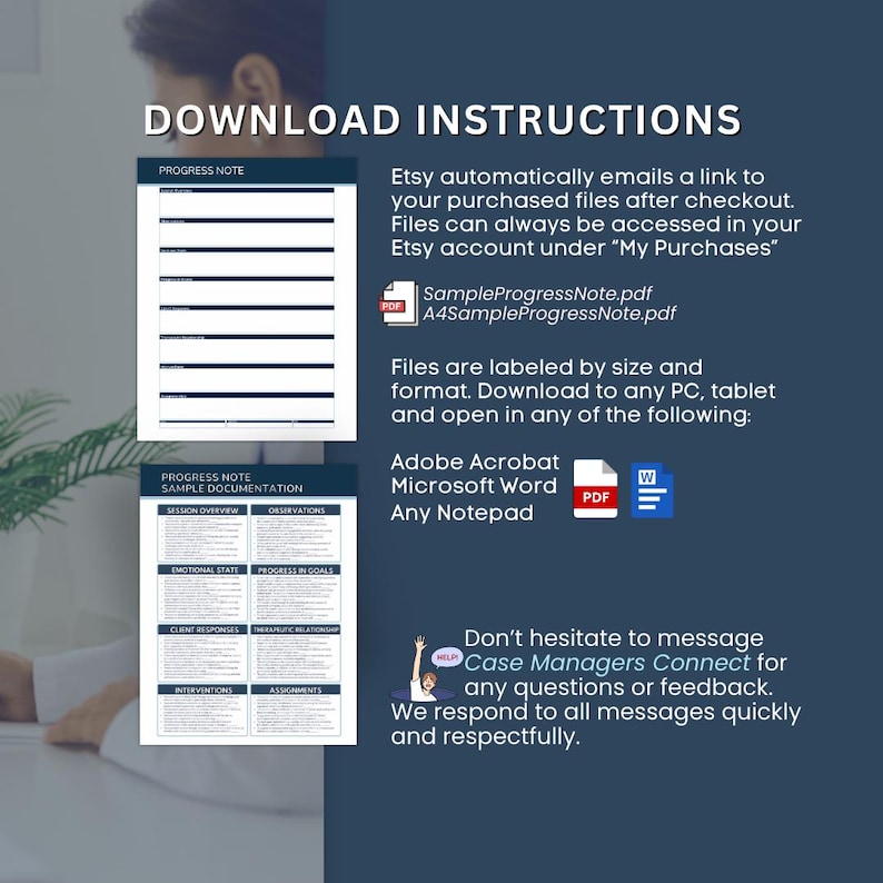 Op de afbeelding: Een digitale download instructievel met de tekst "DOWNLOAD INSTRUCTIONS". Het bevat voorbeelden van voortgangsnotities en documentatie, met bestandsformaten voor Adobe Acrobat, Microsoft Word en Notepad. Neem contact op met Case Managers Connect voor vragen.