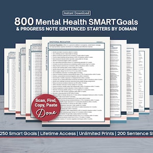 Peut inclure: Un document numérique intitulé 800 Mental Health SMART Goals & Progress Note Sentence Starters by Domain. Les pages présentent des listes d'objectifs thérapeutiques et un badge circulaire rouge avec le texte Scan, Find, Copy, Paste, Done.