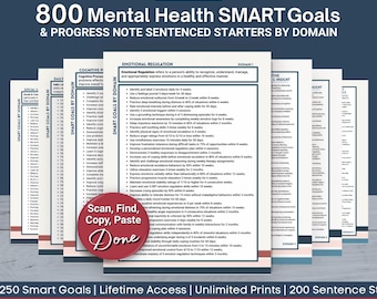 Guía de planificación del tratamiento con objetivos SMART para notas de progreso, 400 frases de inicio para terapia + 400 objetivos, guía de documentación de salud mental (PDF)