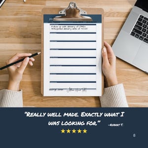 Op de afbeelding: Een klembord met een blauwe kop en een formulier met lijnen. Het formulier bevat de tekst "Follow up with delivery of DMES" en "Anticipated delivery date of 9/1/25". Een persoon houdt het klembord en een potlood vast. De tekst "REALLY WELL MADE, EXACTLY WHAT I WAS LOOKING FOR" is ook zichtbaar.