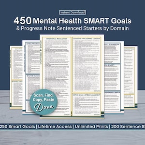 450 SMART Goal Examples & Therapist Progress Note Examples, Copy Paste Mental Health Documentation Resource (Printable PDF)
