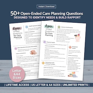 May include: Two printable pages with open-ended care planning questions. The pages include questions about general life situations, physical health, and emotional health. The text includes "Instant Download" and "US Letter & A4 Sizes".
