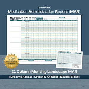 Medication Administration Record (MAR), Monthly Medication Tracker, Medicine Log, Medicine List for Nurses