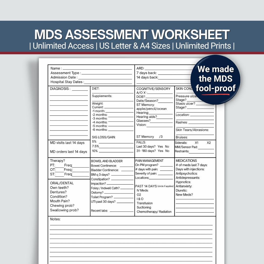 MDS Assessment Worksheet, Minimum Data Set Reference Tool for Nursing ...