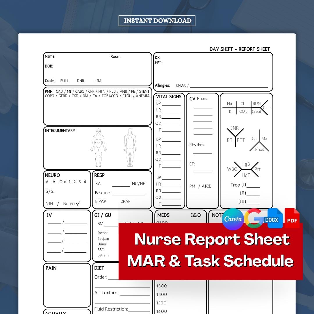 Task Tracker For Nurses Example Nursing Report Sheet, Printable Nurse Brain Sheet, Nursing School ...