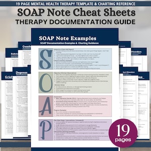 Może przedstawiać: 19-stronicowy szablon i przewodnik dokumentacji terapii zdrowia psychicznego zatytułowany SOAP Note Cheat Sheets. Dokument zawiera pionowy układ akronimu SOAP z sekcjami Subjective, Objective, Assessment i Plan oraz przykładami klinicznymi.